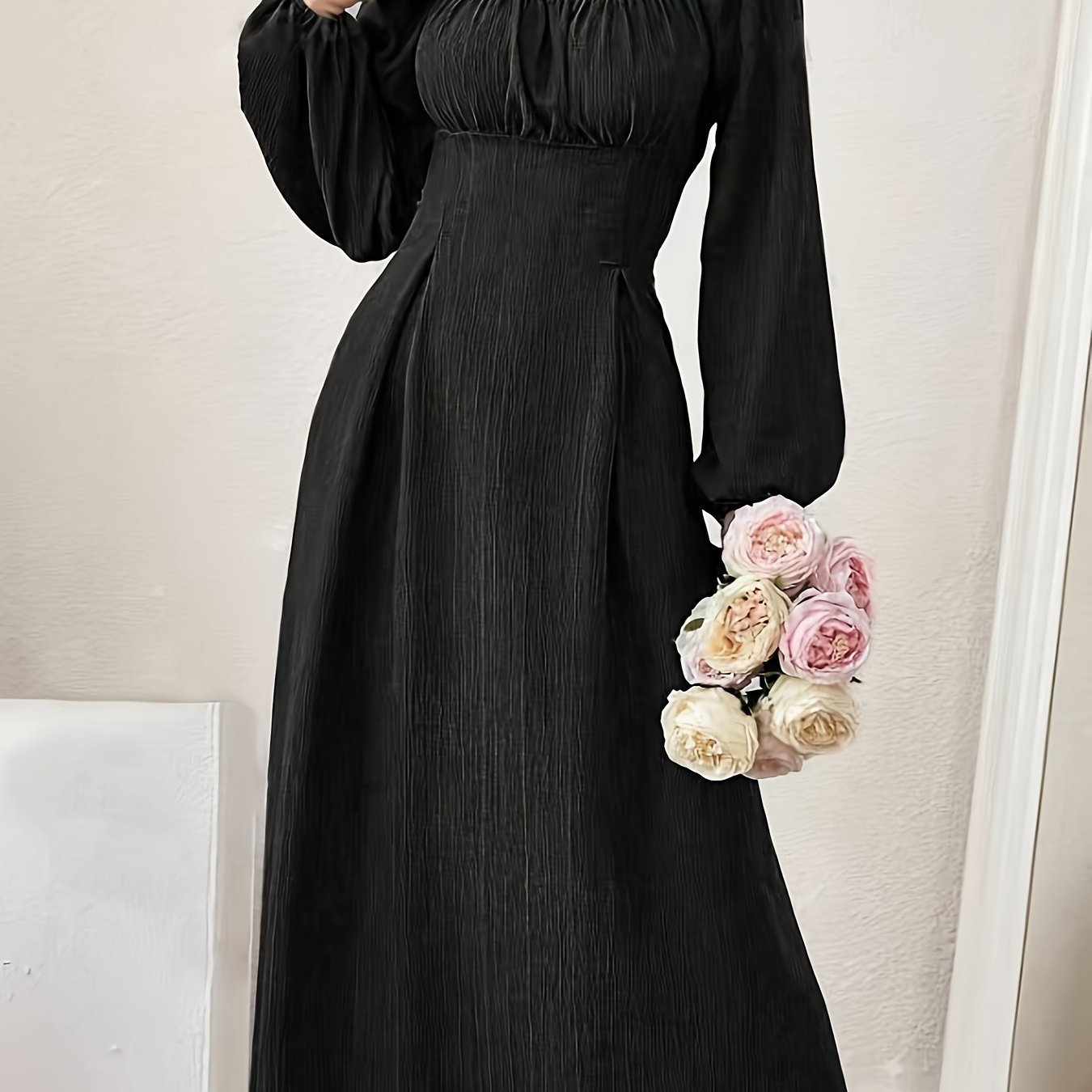 Stunning Textured Cross Tie Lantern Sleeve Midi Dress Black - Shop at LoveMi