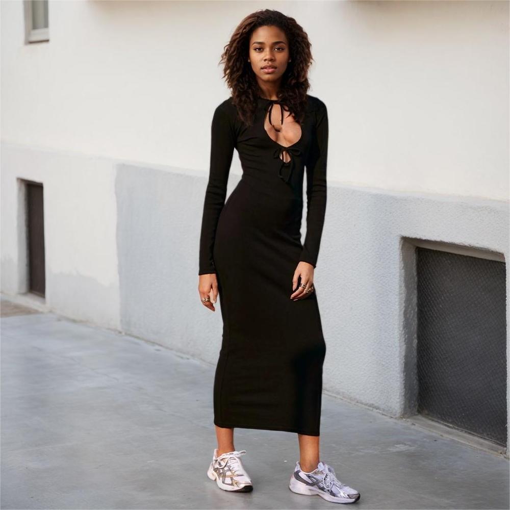 Women's Simple Casual Dress Autumn Winter New Comfortable Versatile Commuting Slim Long Dress Black - Shop at LoveMi