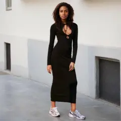 Women's Simple Casual Dress Autumn Winter New Comfortable Versatile Commuting Slim Long Dress - Black - View 1
