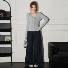 Lace Stitching Long Sleeve Women's Inner Wear Design Blouse - Grey - View 1