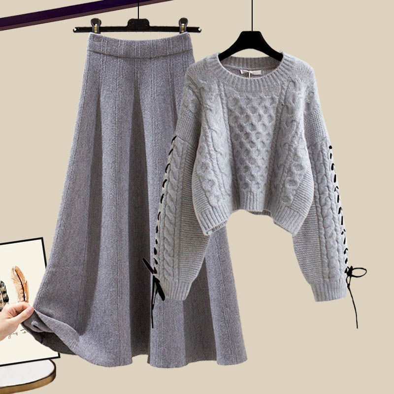 Stylish Figure-flattering Knit Sweater And Skirt Two-piece Set