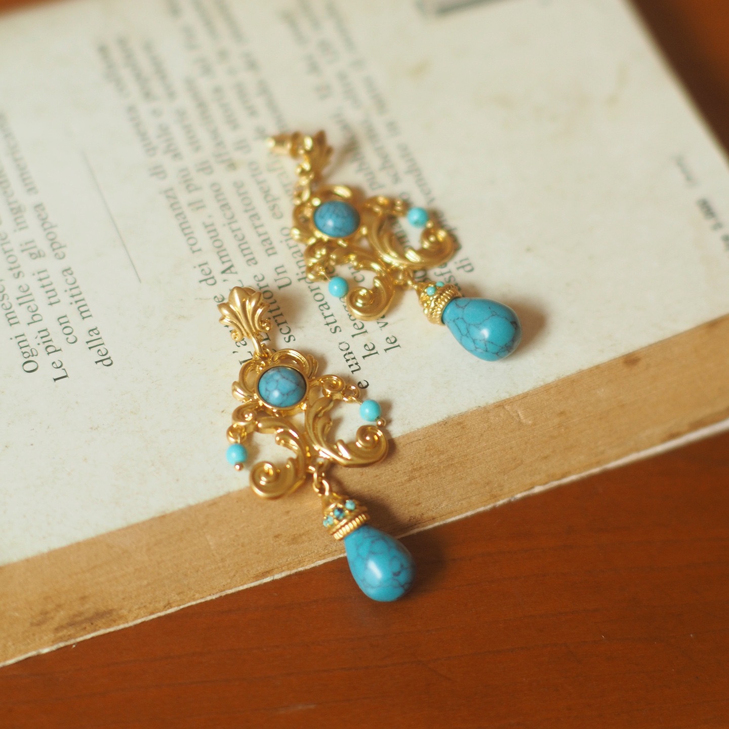 Vintage Palace Style Turquoise Earrings - Handcrafted Floral Carved Drop Earrings