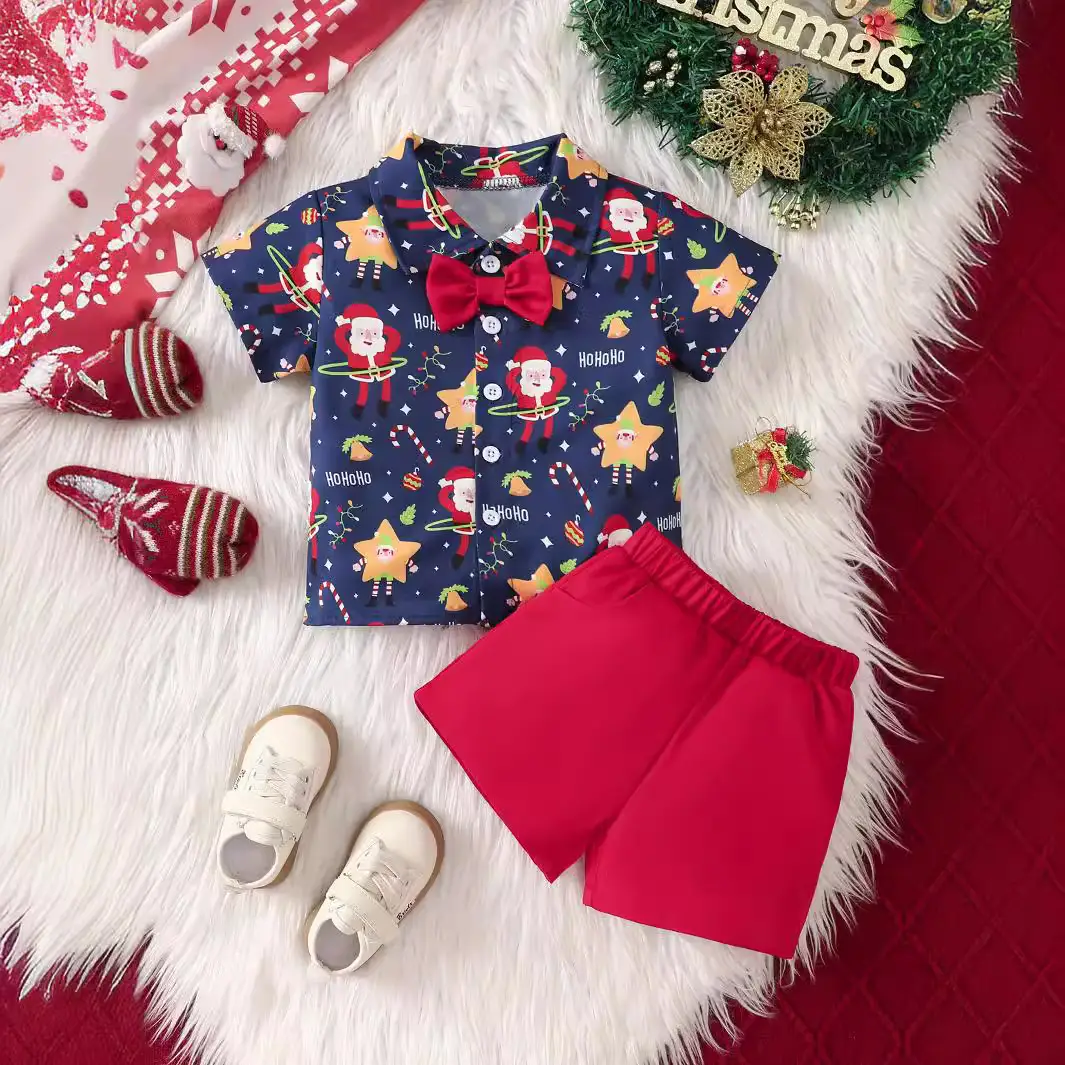 Small And Medium Boys Cartoon Christmas Printed Short-sleeved Shirt And Shorts Two-piece Set