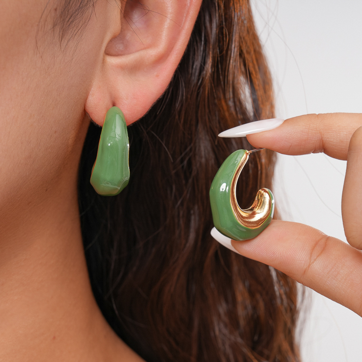 Vintage Metal Dripping-Oil C-Shaped Geometric Silver-Needle Earrings For Women