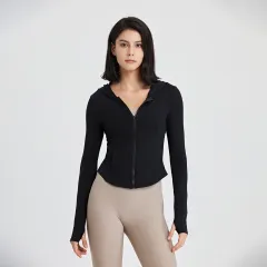 Hooded Running Workout Clothes Top - Black - View 1