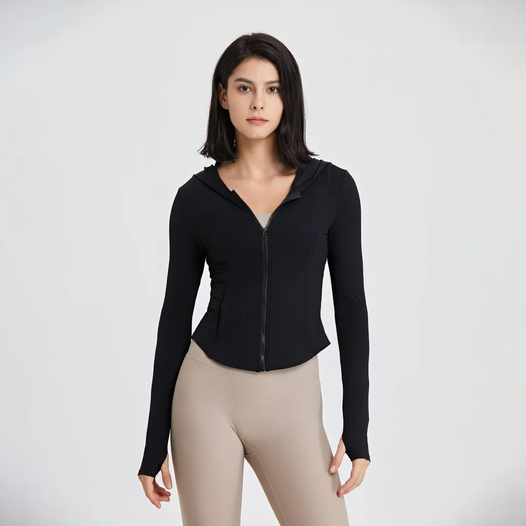 Hooded Running Workout Clothes Top - Black