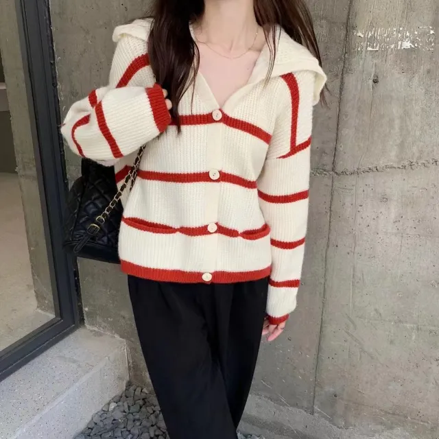 Loose Striped Cardigan Women's Retro Lazy Sweater Coat Red - Shop at LoveMi