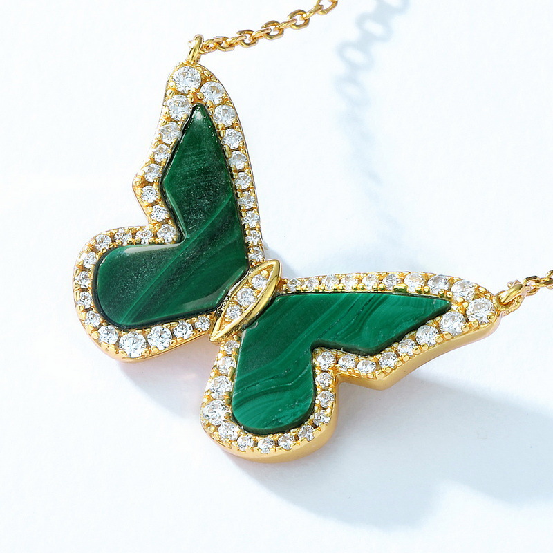 Malachite S925 Sterling Silver White Zirconium Butterfly Clavicle Chain Necklace