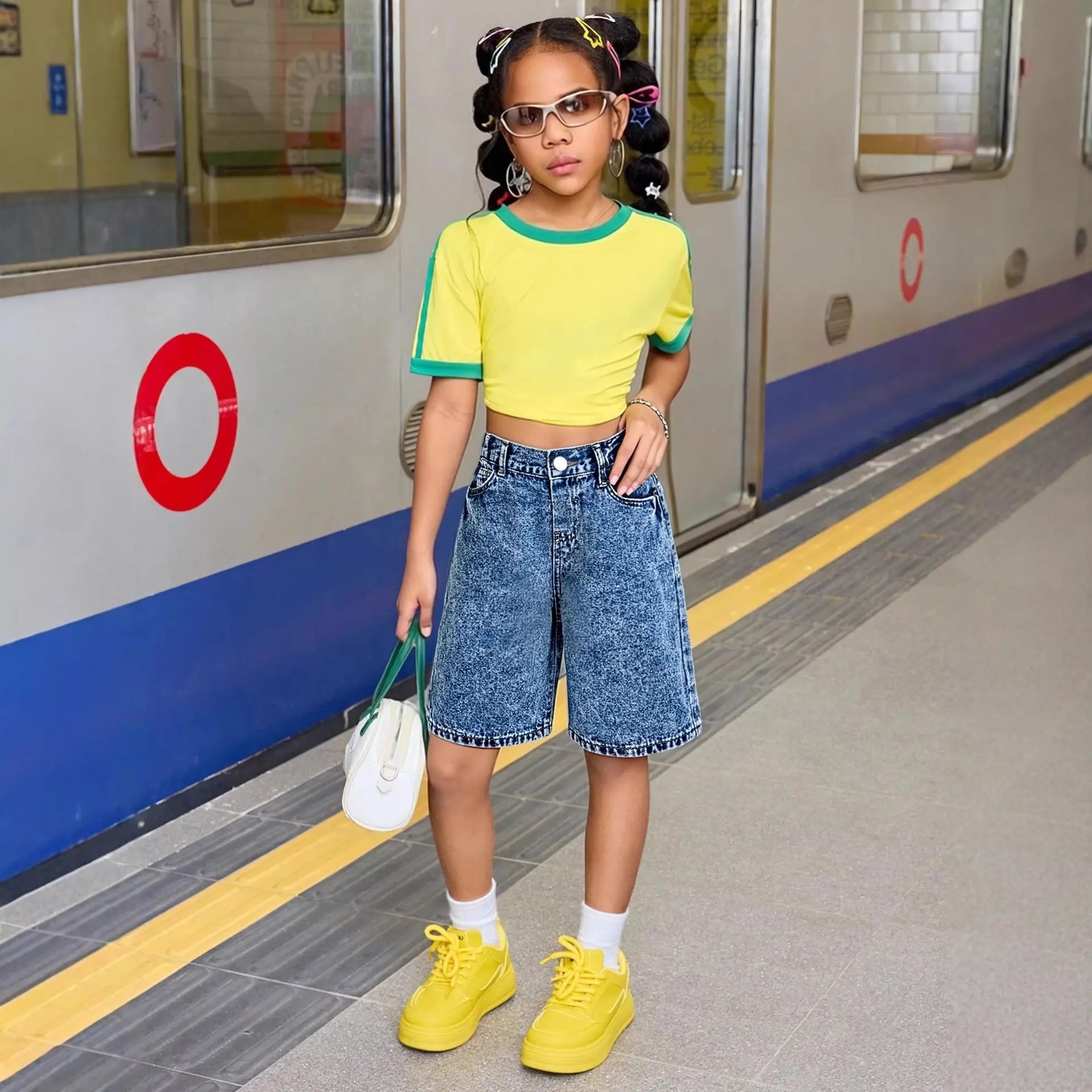 Washed Denim Mid-length Pants Girls Shorts