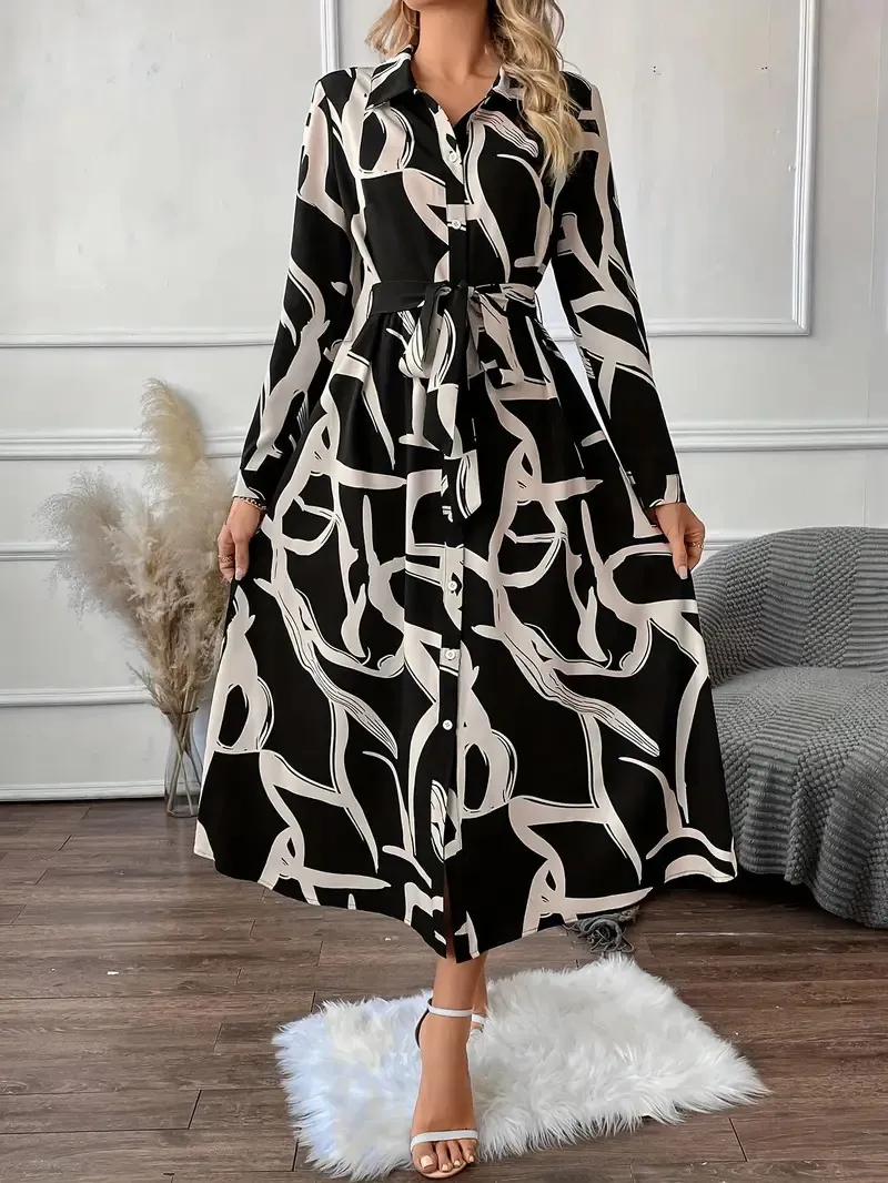 New Elegant Graceful Fashion Polo Collar Printed Long Shirt Dress Women - Mixed Colour