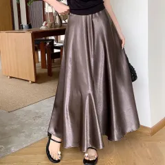 Women's Casual All-match Acetate Satin Draped Solid Skirt - Dark Grey - View 1