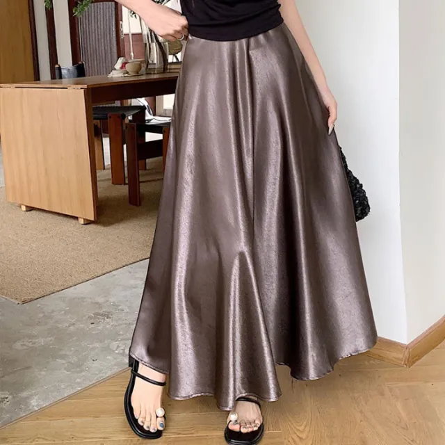 Women's Casual All match Acetate Satin Draped Solid Skirt Dark Gray - Shop at LoveMi