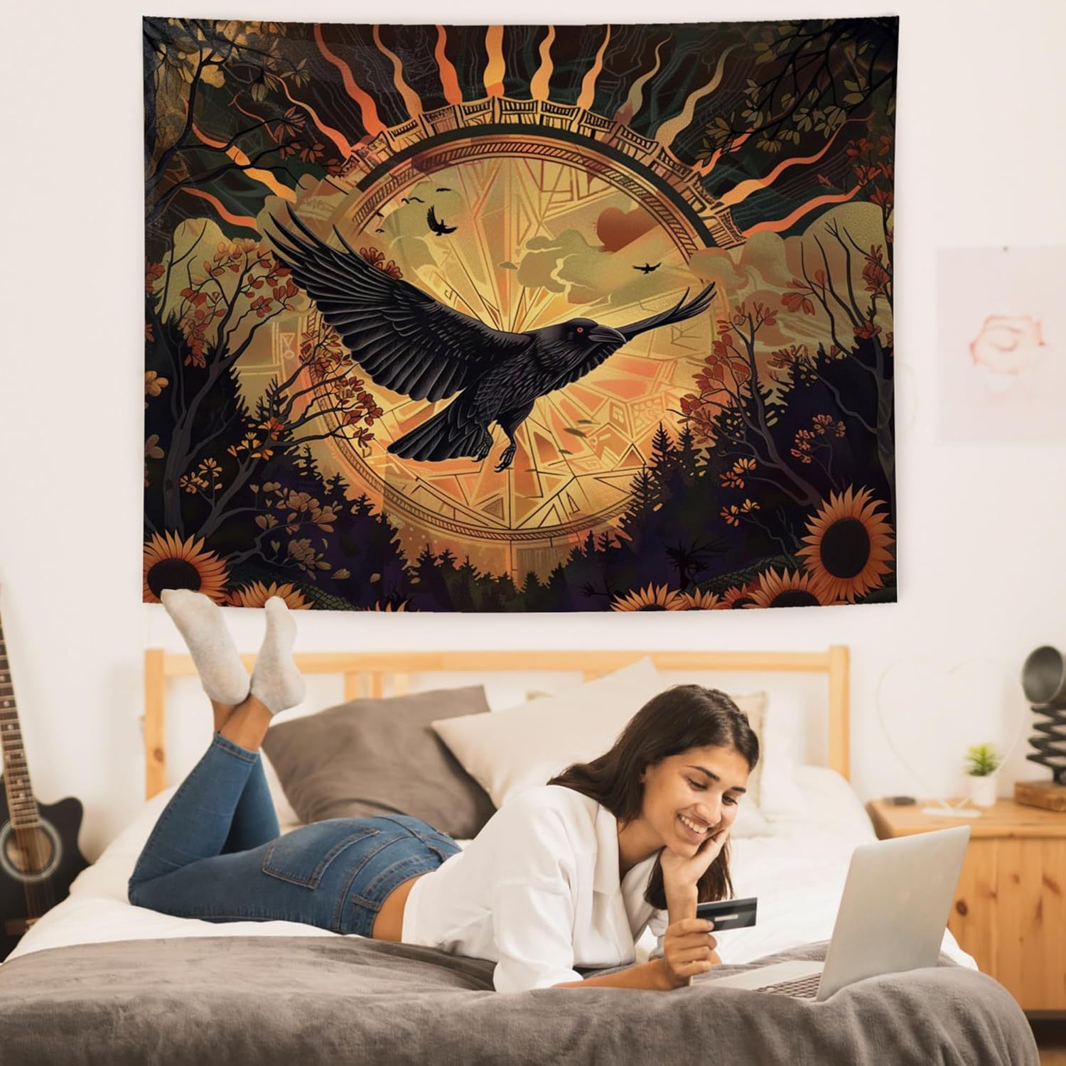 Halloween Black Raven Sunrise Sunflower Tapestry — foto 10