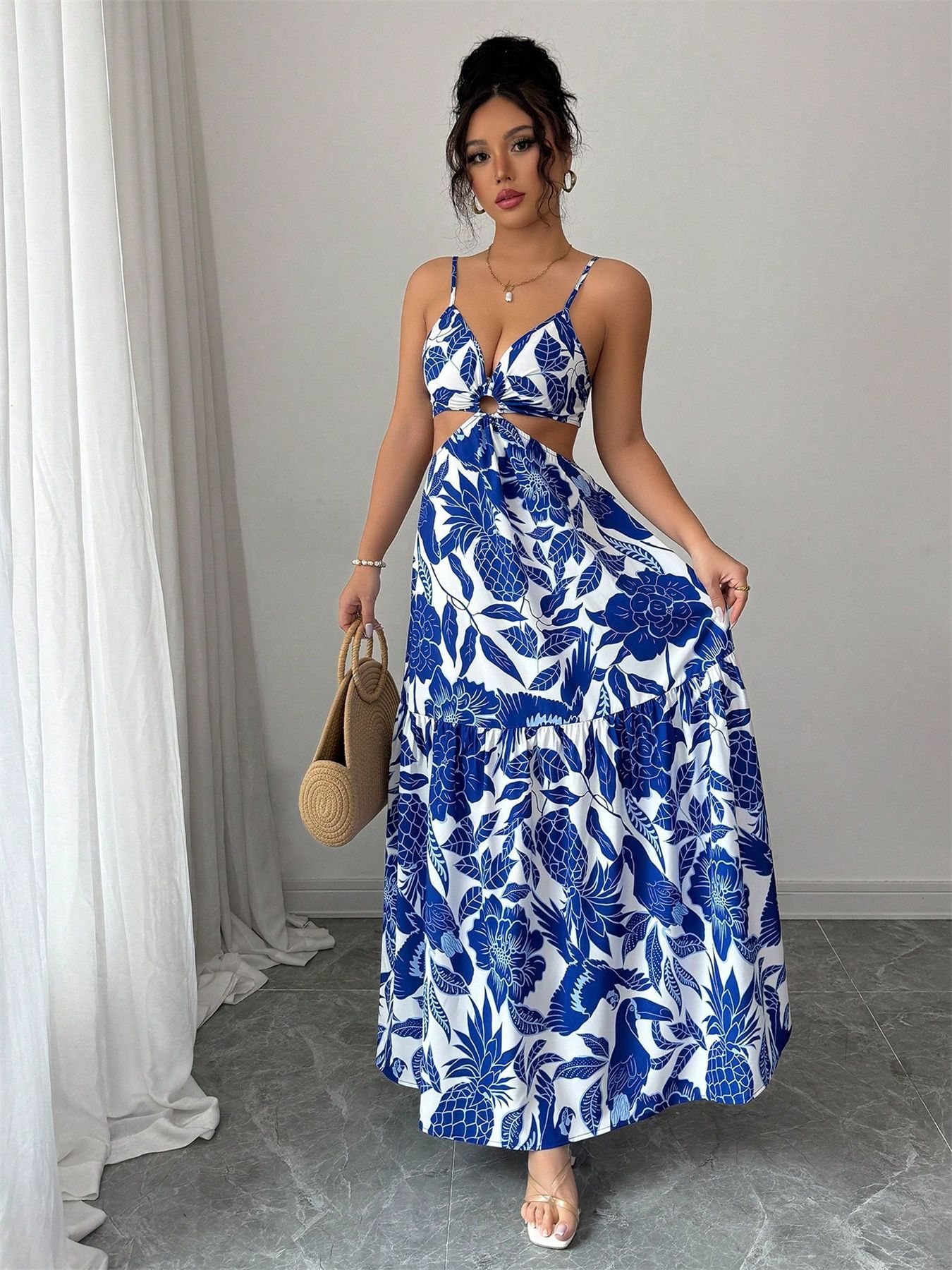 Summer New Halterneck Printed Sexy Elegant Dress Sapphire Blue - Shop at LoveMi