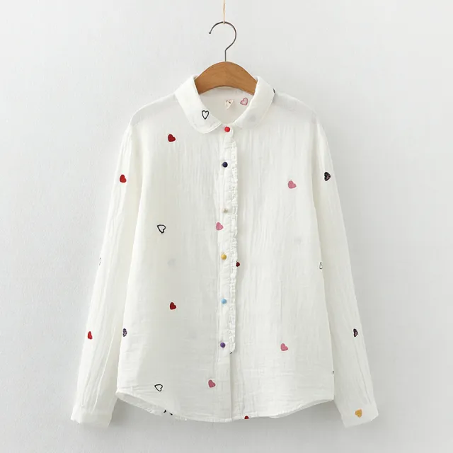 Artistic Double layer Cotton Yarn Doll Collar Printed Long sleeved Shirt White - Shop at LoveMi