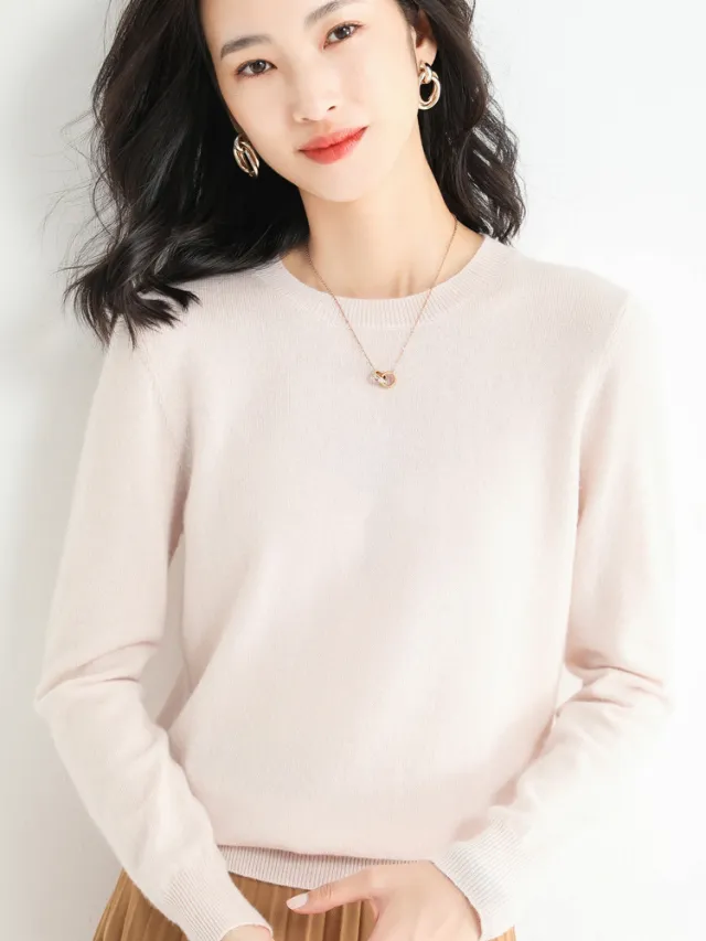 Slim Fit Solid Color Round Neck Base Pullover Sweater Beige - Shop at LoveMi