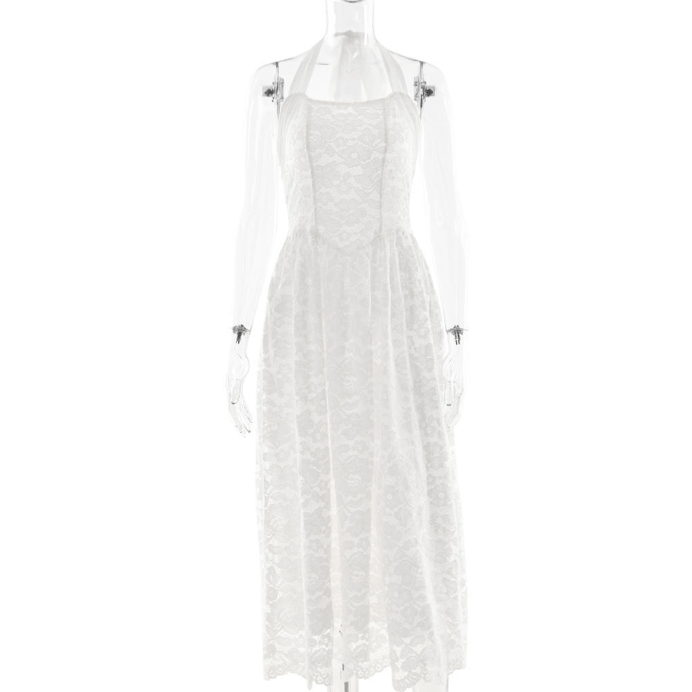 Lace Solid Color Halter Backless Bustier Waist cinching Dress White - Shop at LoveMi