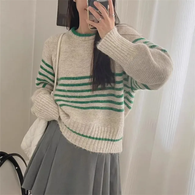 Autumn And Winter Korean Retro Contrast Color Stripes Idle Style Crew Neck Pullover Sweater Beige - Shop at LoveMi
