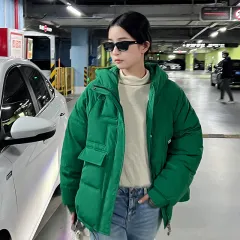 Women's Multi-pocket Cotton-padded Coat Winter New Short Thickened Bread Cotton-padded Coat - Green - View 1