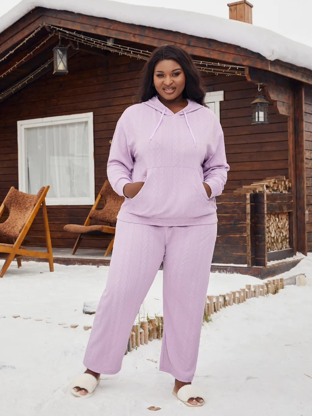 Plus Size Women's Pyjamas Imitation Cotton Hooded Sweater Set - Purple