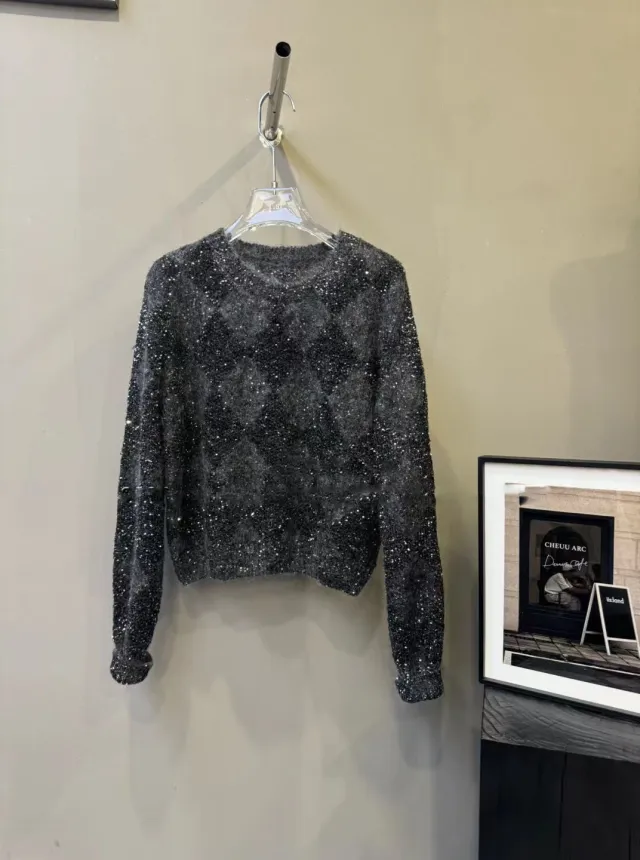 Bead Yarn Rhombus Jacquard Crew Neck Pullover Sweater Gray - Shop at LoveMi
