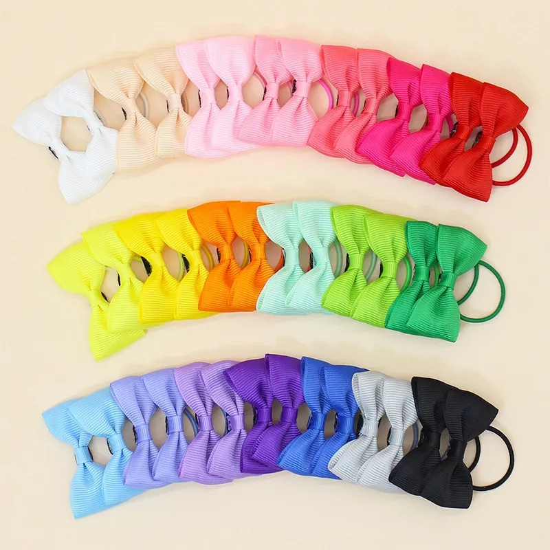 European And American Solid Colour Bowknot Children Barrettes Suit Girl's Hairpin Ribbed Band Rubber Band Headdress - 40 Rainbow Colours Per Pack
