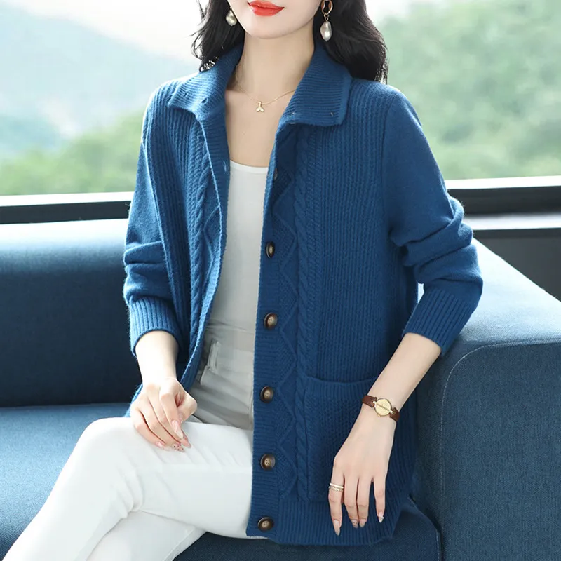 Covering Belly Thin Plus Size High Lapel Knitted Cardigan For Women - Navy Blue