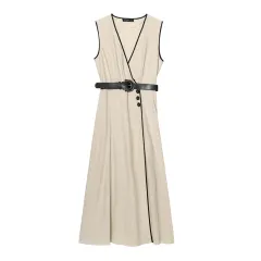 With Belt Linen Blend Midi Skirt V-neck Sleeveless Dress - View 1