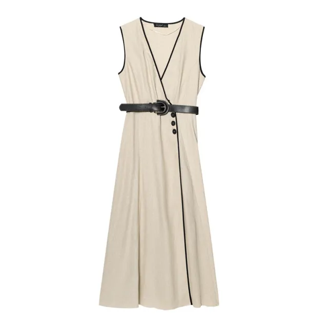With Belt Linen Blend Midi Skirt V neck Sleeveless Dress - Shop at LoveMi