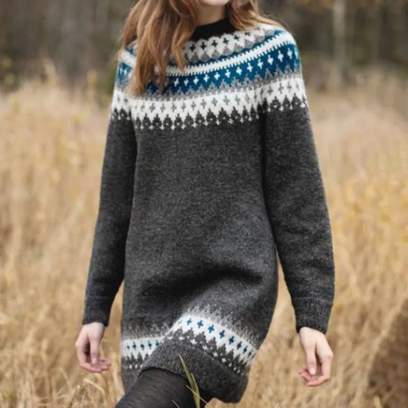 Women's Fall Winter Fashion Long Woolen Dress - Gray