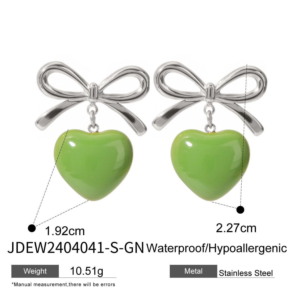 18K Gold Stainless Steel Bow Green Heart Earrings