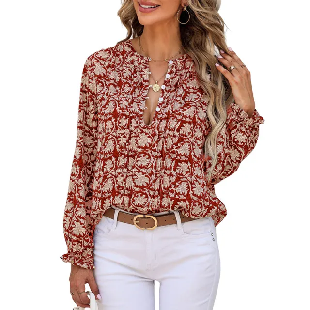 Wear Pullover Temperament Commute Style All match Floral Print Pullover Red - Shop at LoveMi