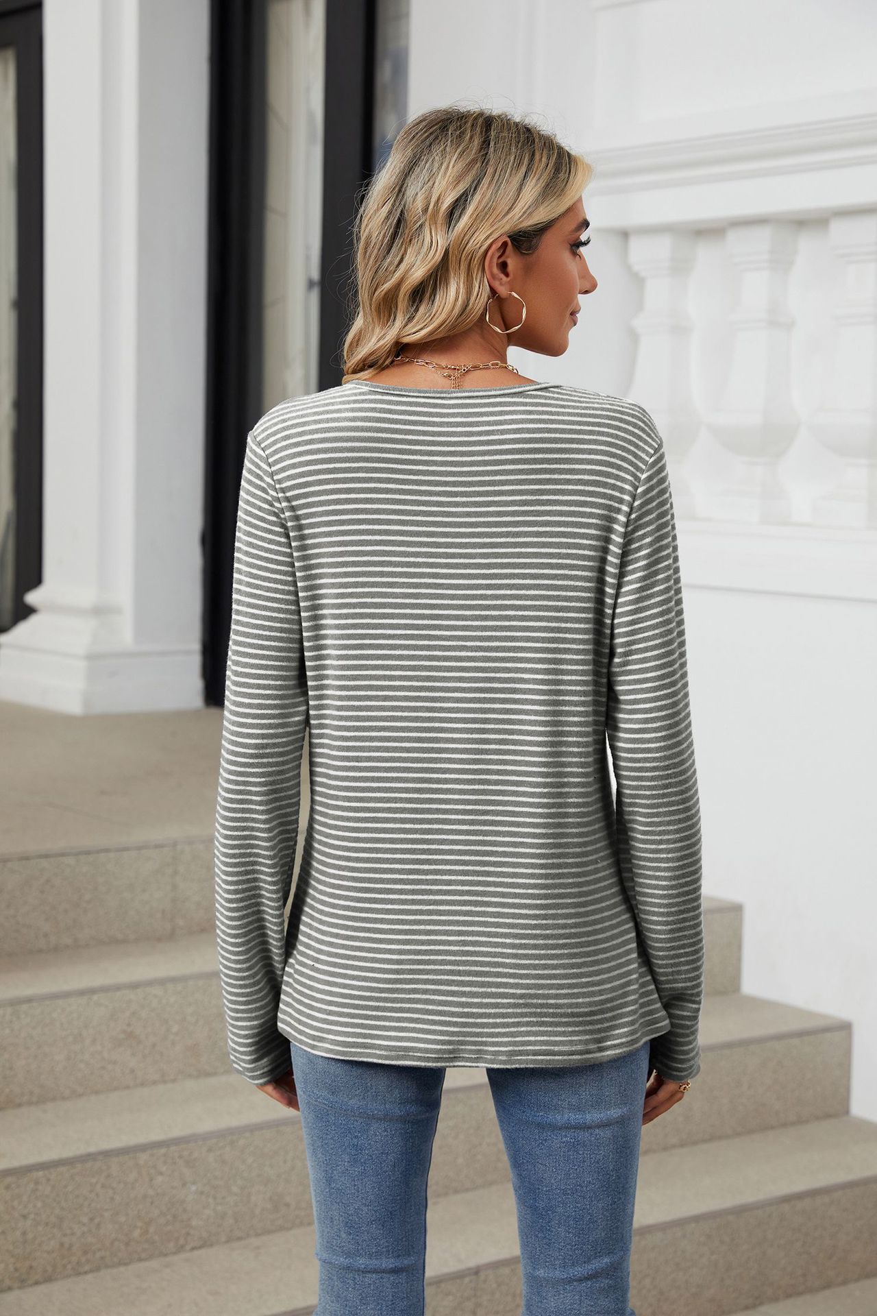 Title 11, Round Neck Button Solid Color Striped Casual T-...