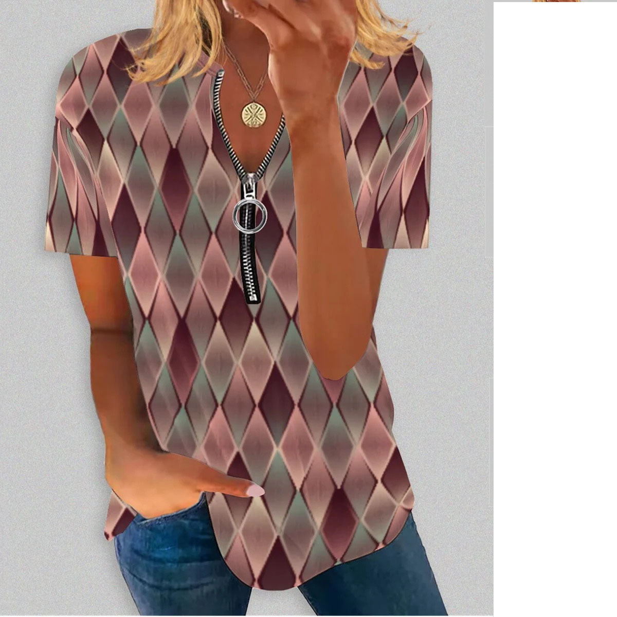 Diamond-check Print Zip-up Shirt With A Crew Neck And Short Sleeves