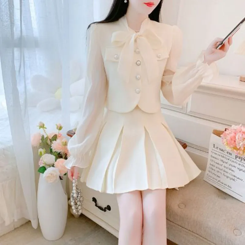 Two-piece Suit Skirt Classic Style Bowknot Shirt High Waist Skirt For Women