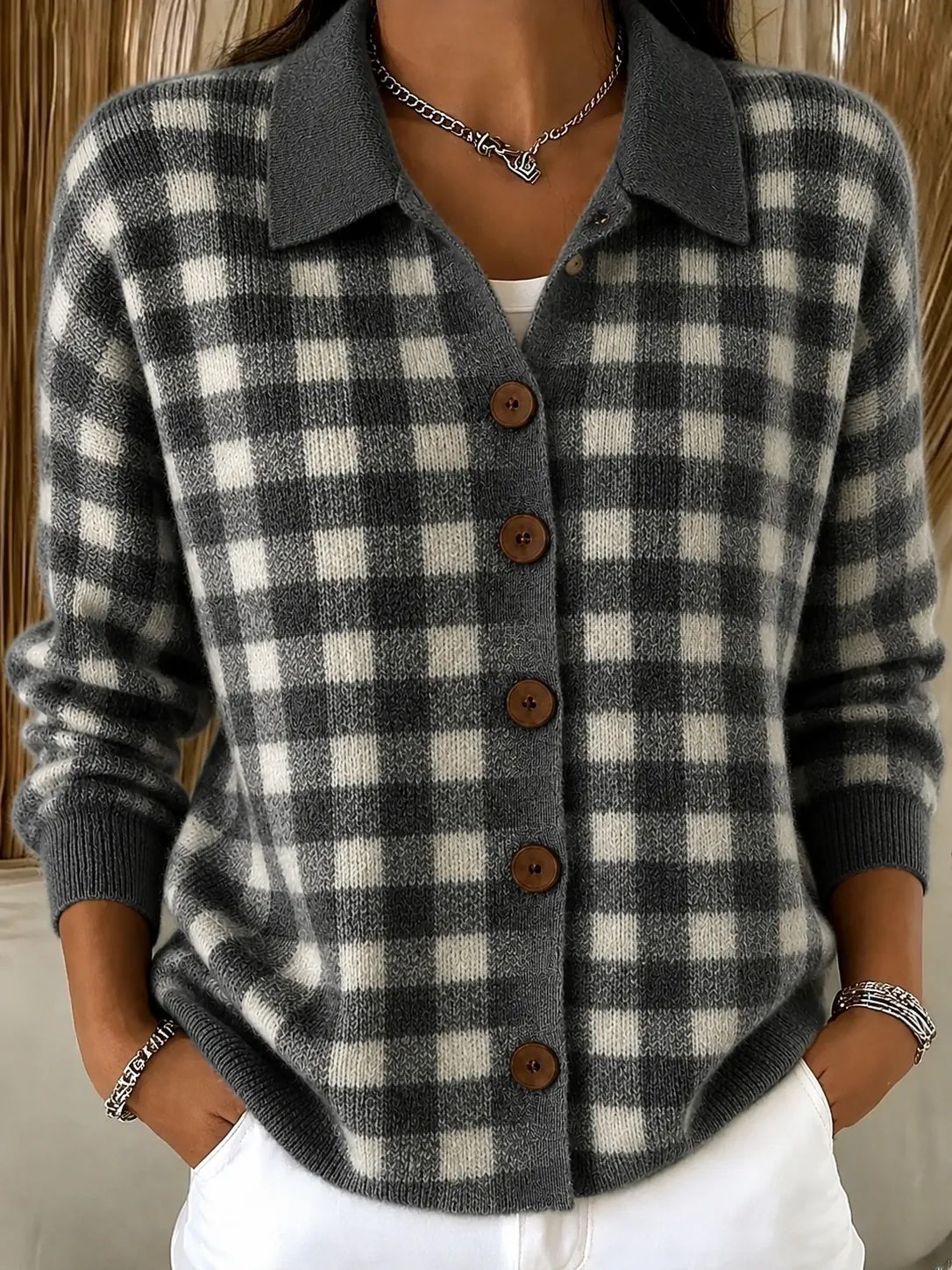 New Fallwinter Womens Loose-fit Plaid Long-sleeve Lapel Sweater Cardigan
