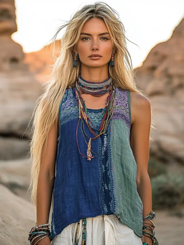Crew neck Tank Top With A Floral And Botanical Print Blue - Shop at LoveMi