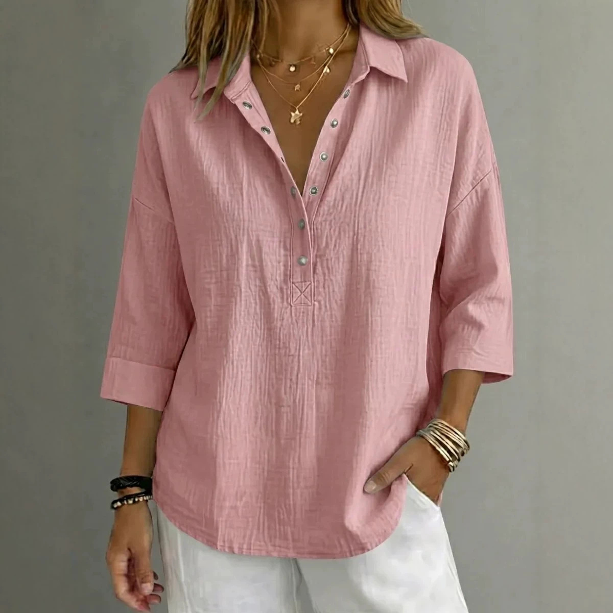 Womens Loose-fit Lapel Solid-color Shirt