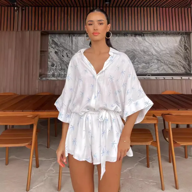 Women's Printed Lace Up Waist tight Cardigan 5 point Sleeve One piece Shorts Color 4 - Shop at LoveMi