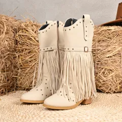 Western Cowboy Women's Boots Belt Buckle Rivet Tassel Big Middle Boots - Beige - View 1
