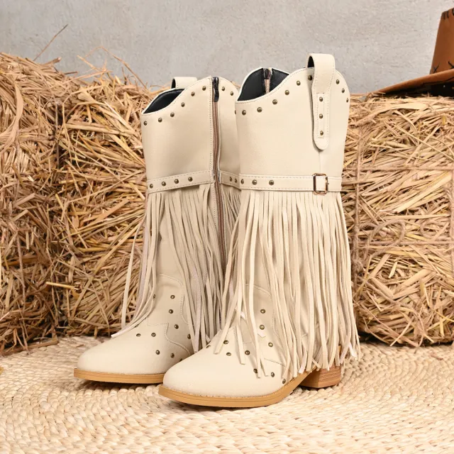 Western Cowboy Women's Boots Belt Buckle Rivet Tassel Big Middle Boots Beige - Shop at LoveMi