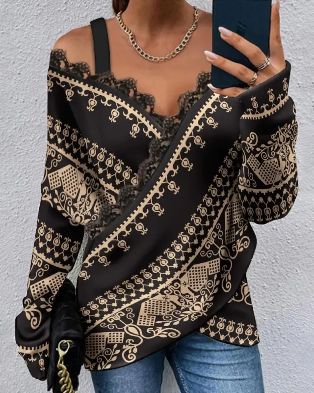 Lace Stitching Printed Long sleeved Top Black - Shop at LoveMi