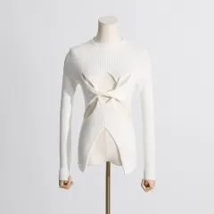 Simple Style Women's Knitwear Semi-high Neck Slim Fit Slimming Twist Hollow-out High-end Top - White - View 1