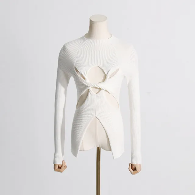 Simple Style Women's Knitwear Semi high Neck Slim Fit Slimming Twist Hollow out High end Top White - Shop at LoveMi
