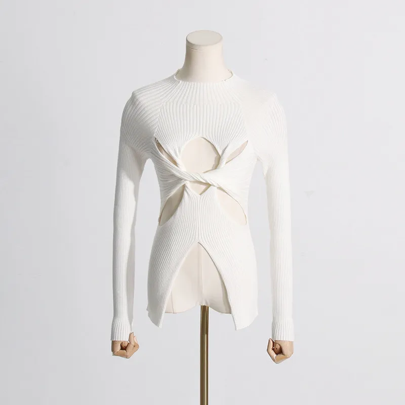 Simple Style Women's Knitwear Semi-high Neck Slim Fit Slimming Twist Hollow-out High-end Top - White