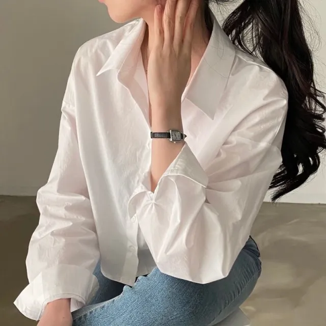 Back Slit Loose Lapels Short Long Sleeve Shirt White - Shop at LoveMi