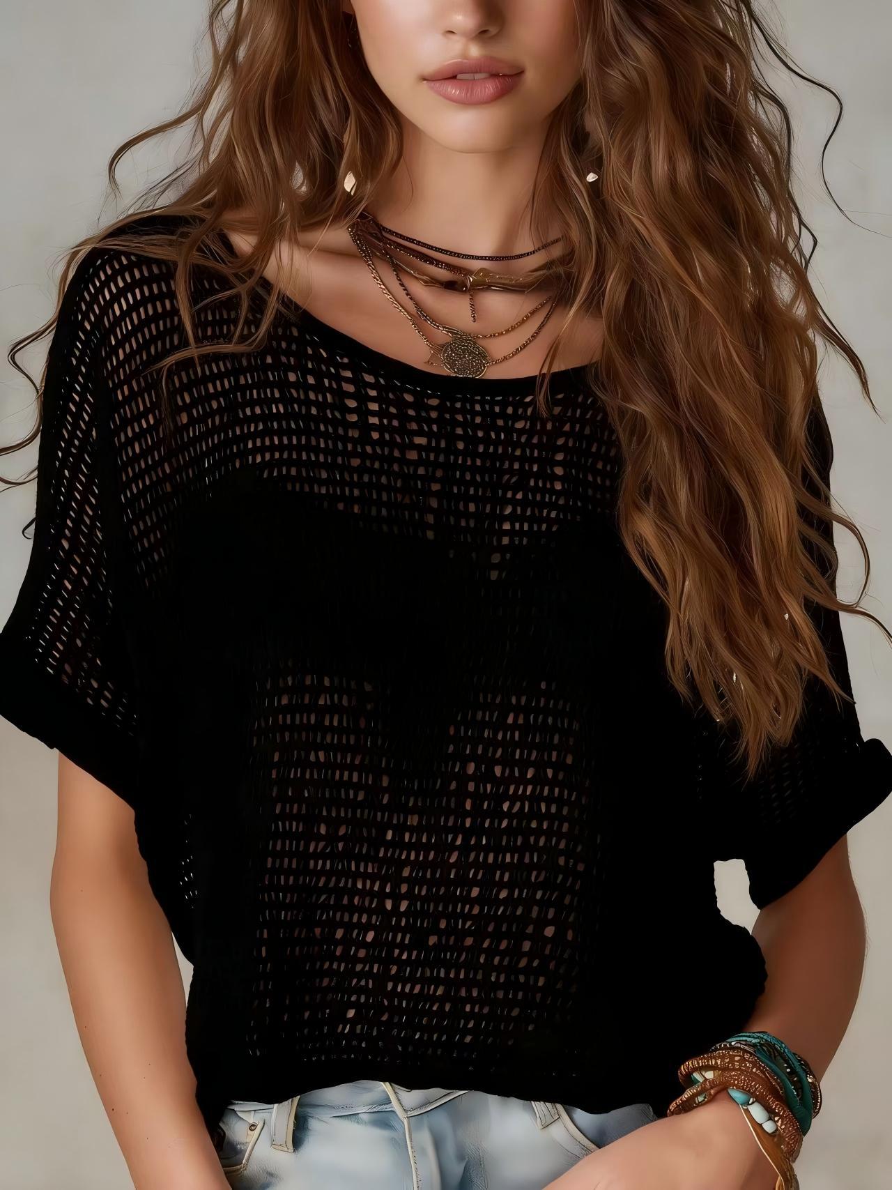 Womens Knitted Solid-Color Short-Sleeve Sweater