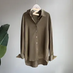 Women's Retro Fashion Satin Drape Long Sleeved Shirt - Chocolate-Xl - View 1