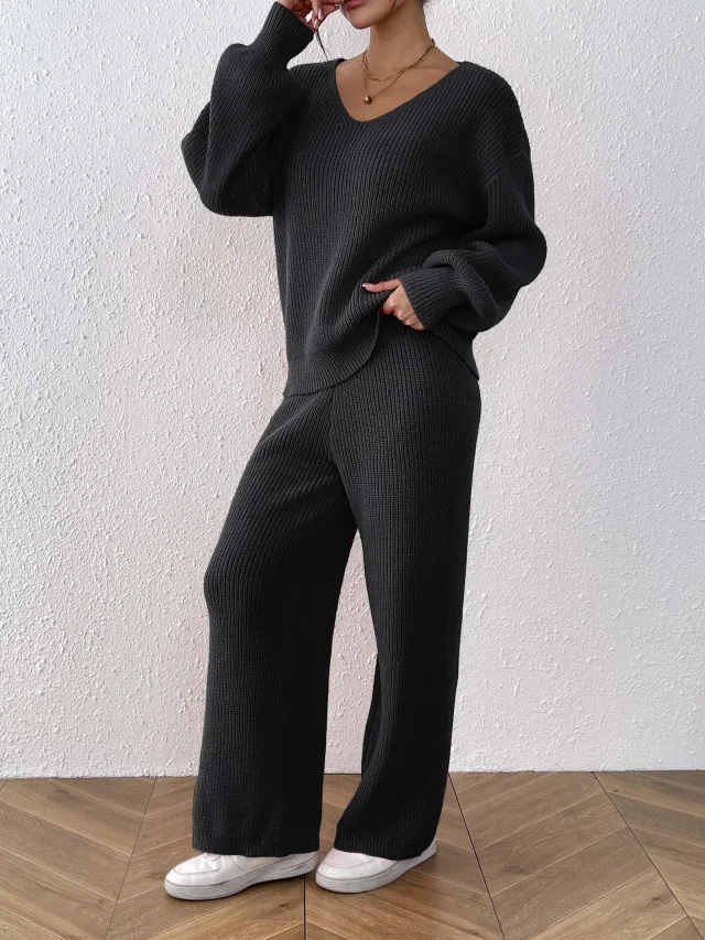 Women's Casual Suit V neck Loose Top Solid Color Wide leg Straight Pants Black - Shop at LoveMi