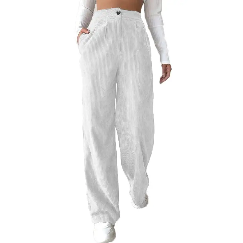 Women's High Waist Casual Pants Solid Color Corduroy Baggy Straight Trousers